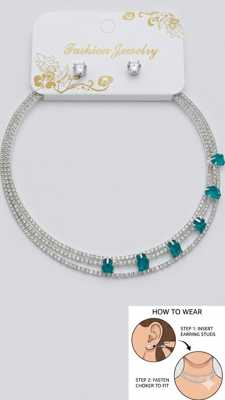 3-Layer Silver Choker Necklace & Stud Earrings Set
